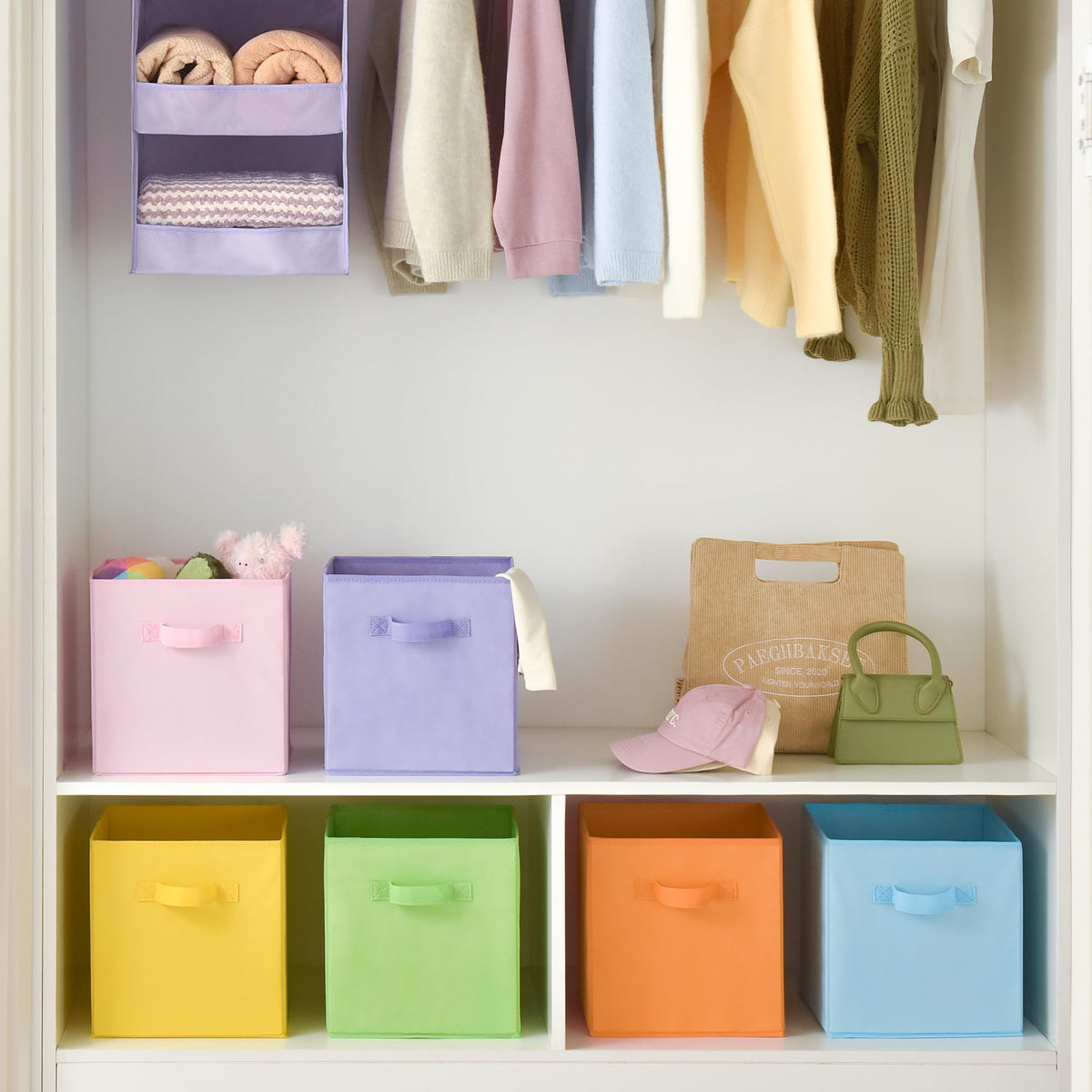 Granny Says cube storage bins on shelf illustrating easy access and space efficiency.