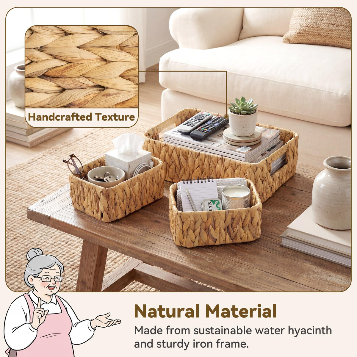 GRANNY SAYS decorative wicker baskets on shelf enhance home organization.