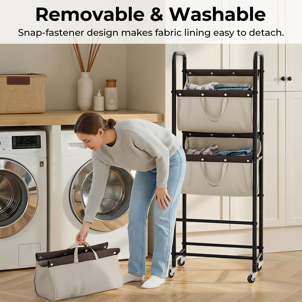 GRANNY SAYS detachable fabric bags simplify carrying laundry.