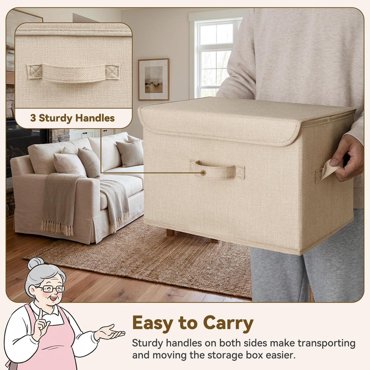 GRANNY SAYS faux linen material provides durable, odorless storage.