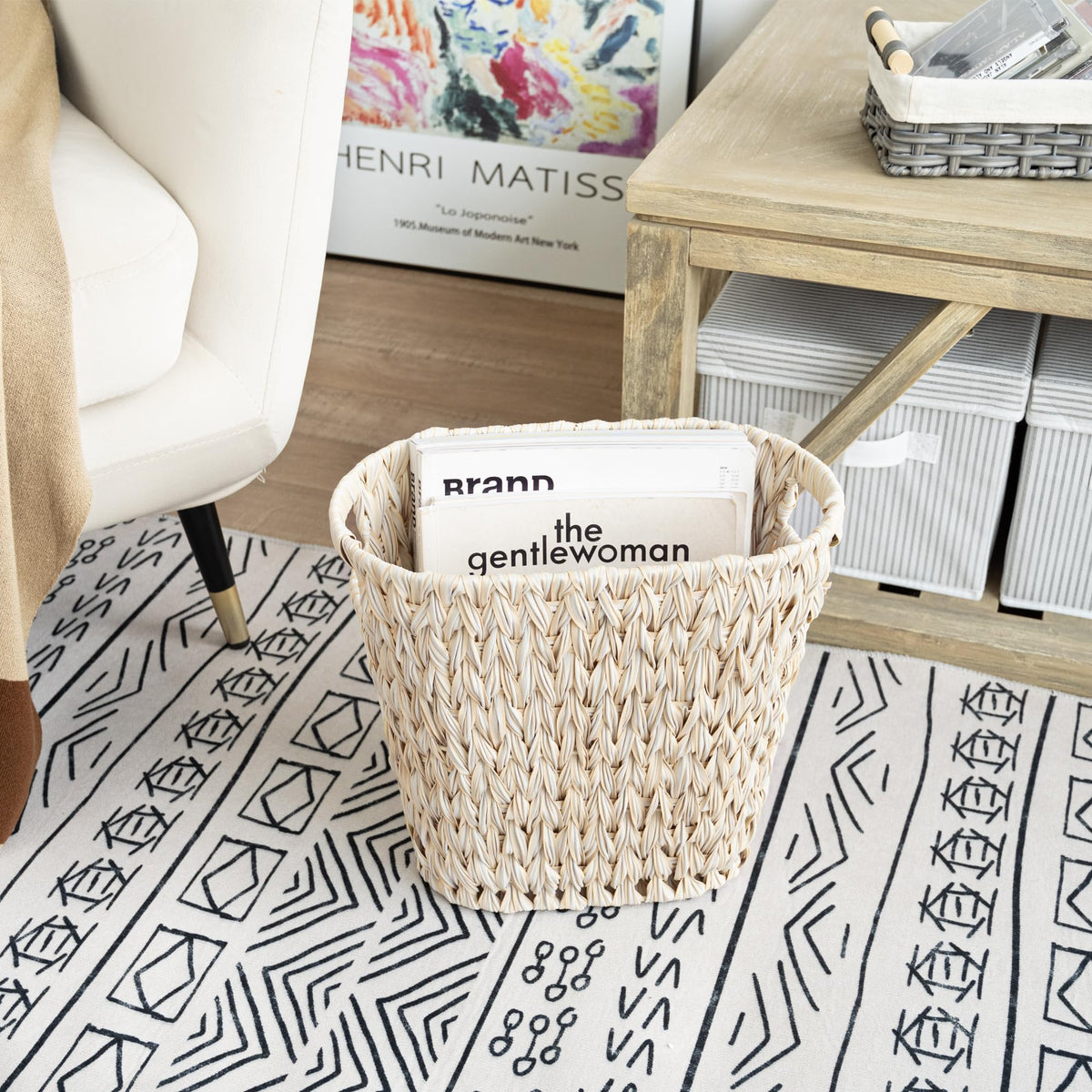 GRANNY SAYS handwoven farmhouse trash can adds rustic charm to any room.