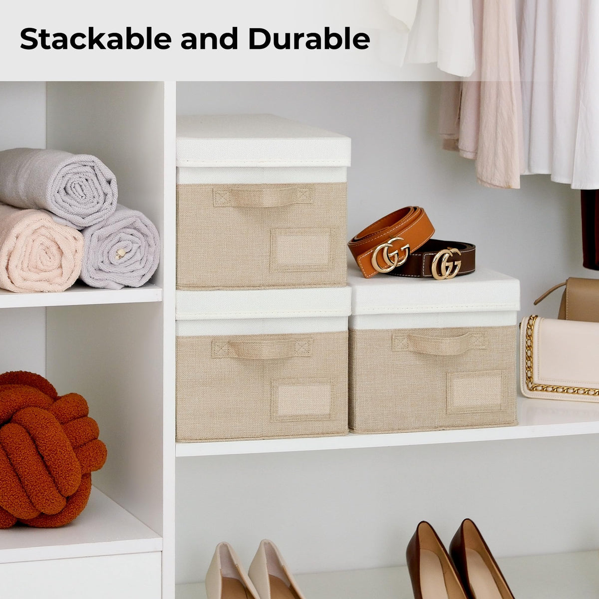 Granny Says label holders on storage bins help quick item categorization.