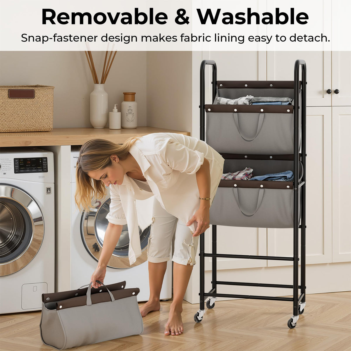 GRANNY SAYS detachable bags illustrate easy removal and washable liners.