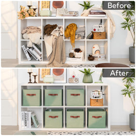 GRANNY SAYS sage-green 6-pack cube storage bins on a shelf for organization.