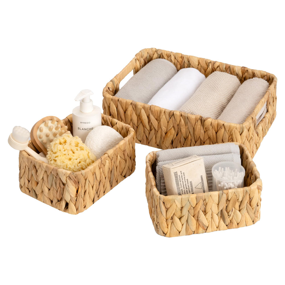 GRANNY SAYS small wicker baskets 3-pack on shelf for organization and clutter control.