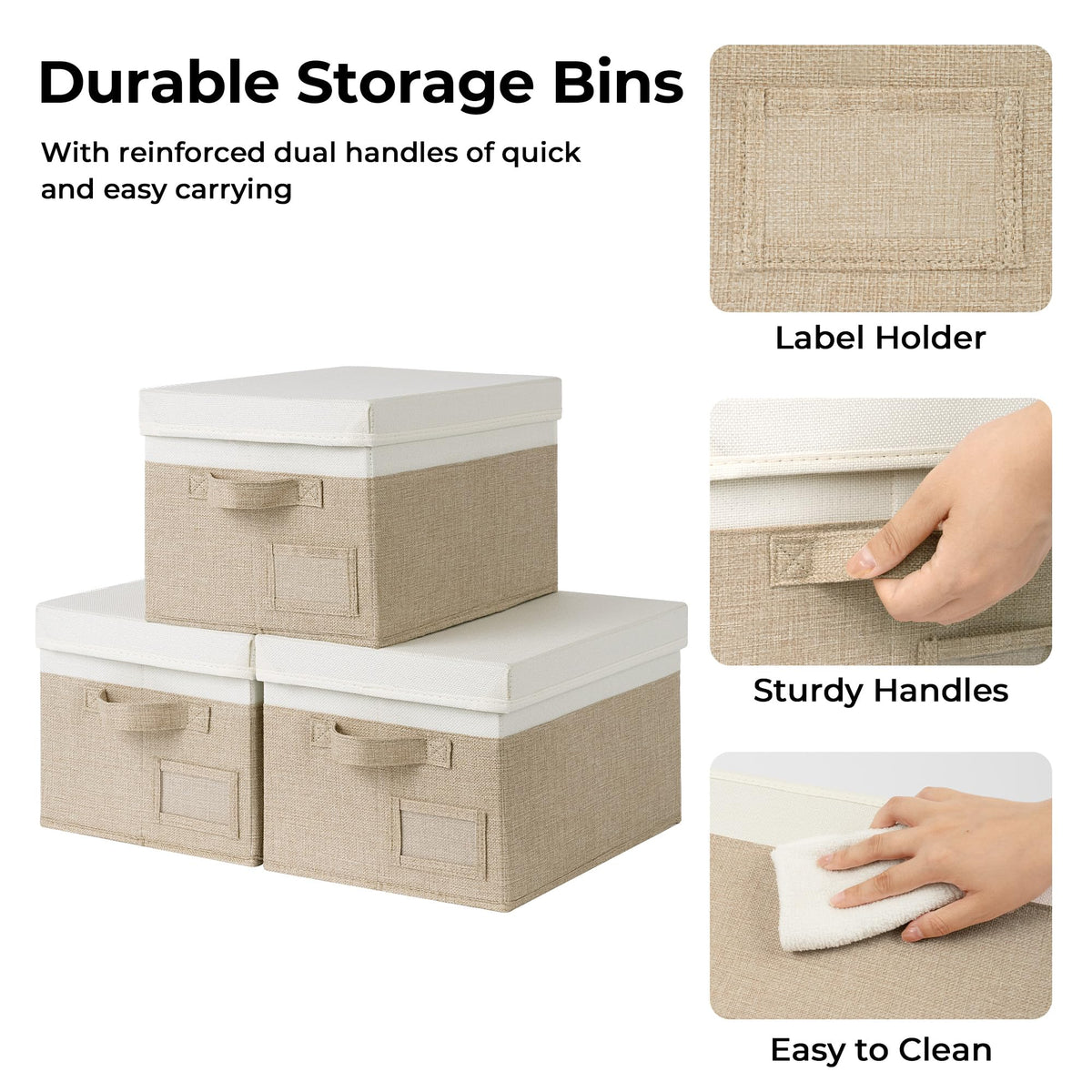 Granny Says stackable, lidded storage bins maximize space on shelves.