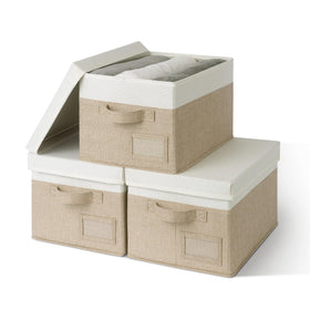 Granny Says storage basket with lid in linen fabric for organized closet storage.