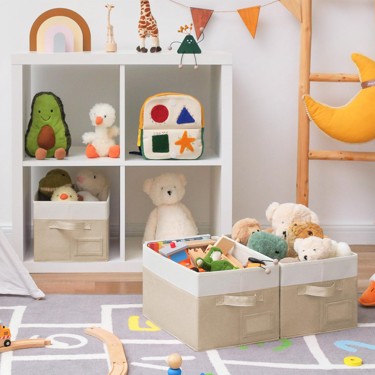 GRANNY SAYS storage bins with handles make pulling from shelves easy.