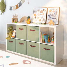 Granny Says front view of sage green cube with reinforced handle for easy access