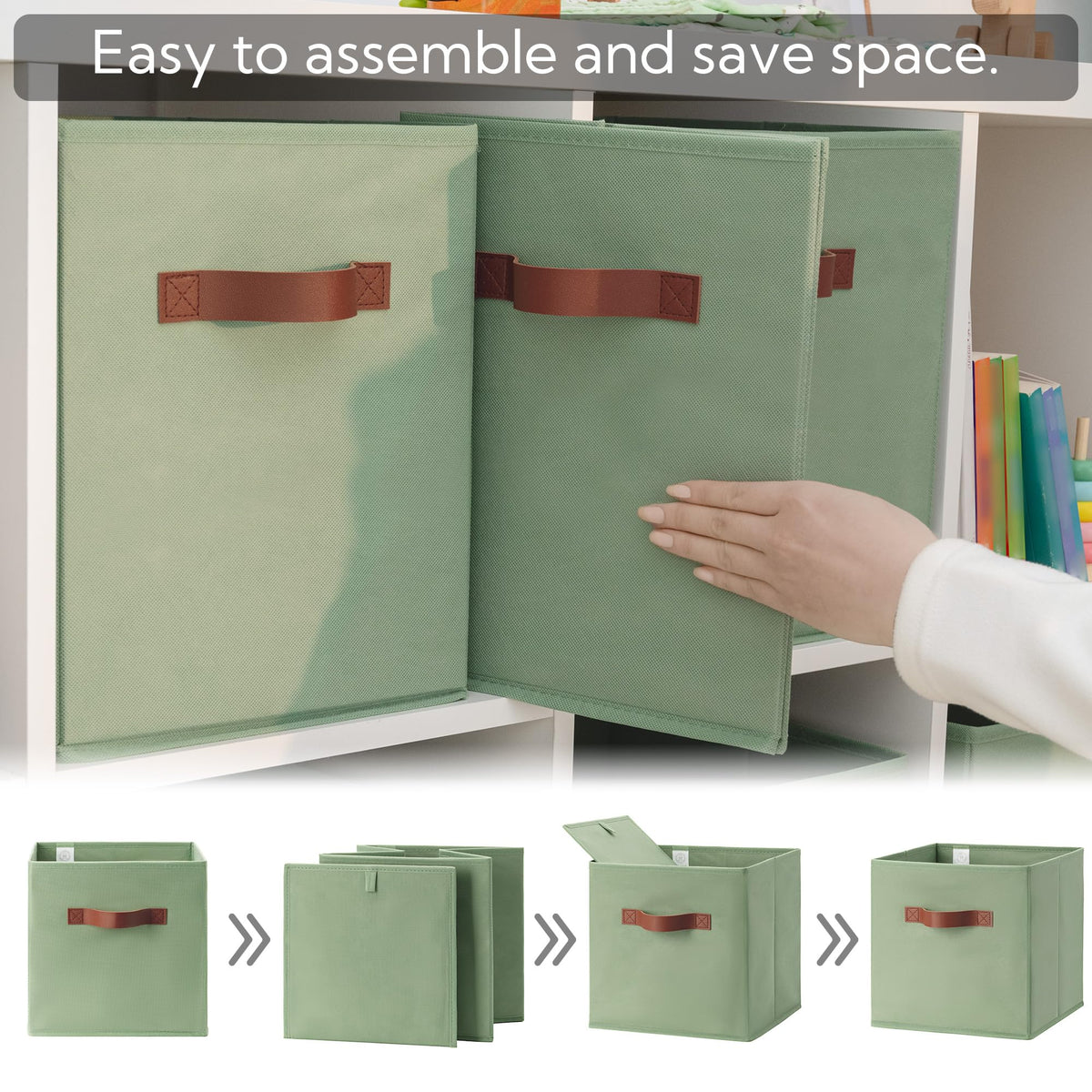 Granny Says cube bins in a closet, blending with decor