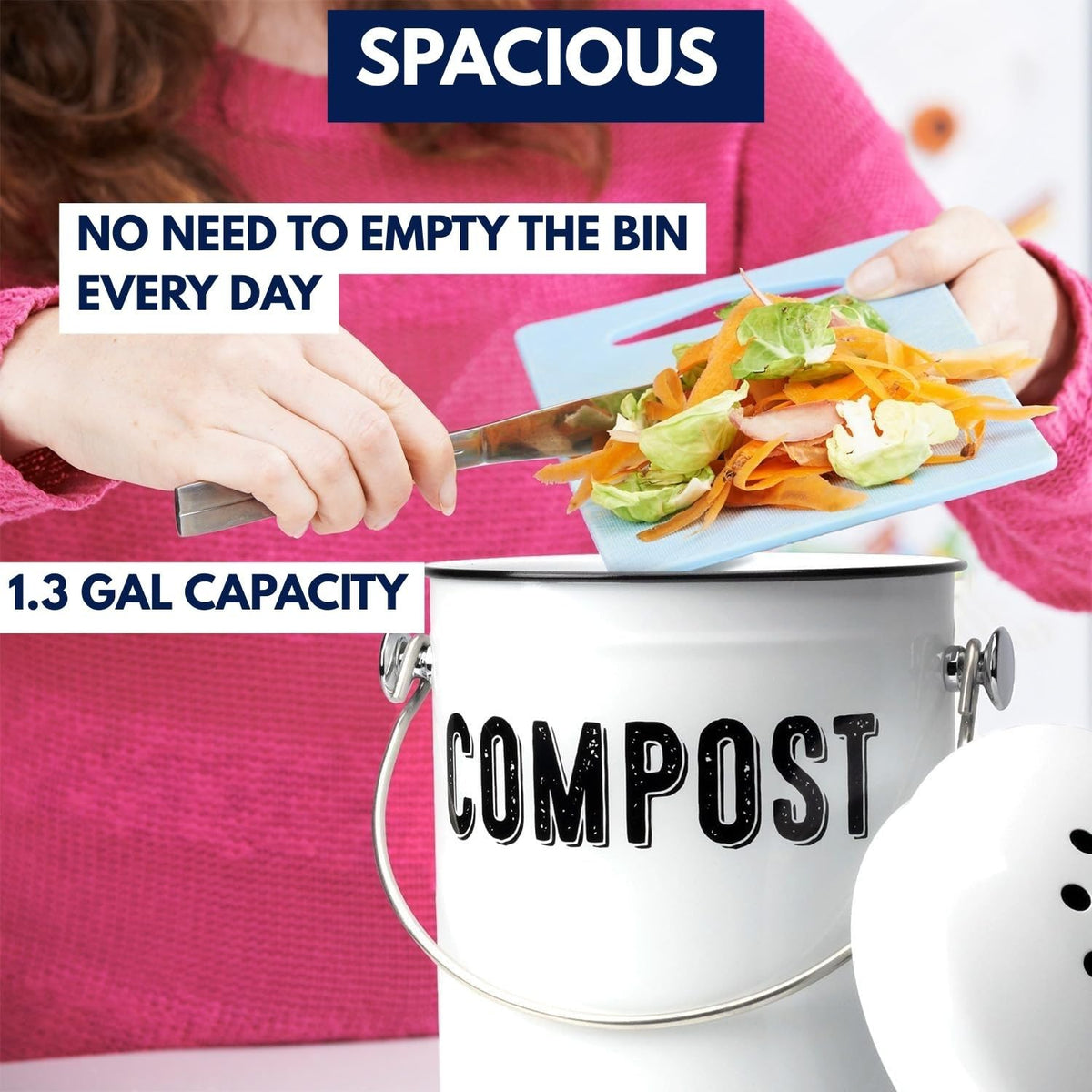 Granrosi compost bin carry handle for easy outdoor transfer and emptying.