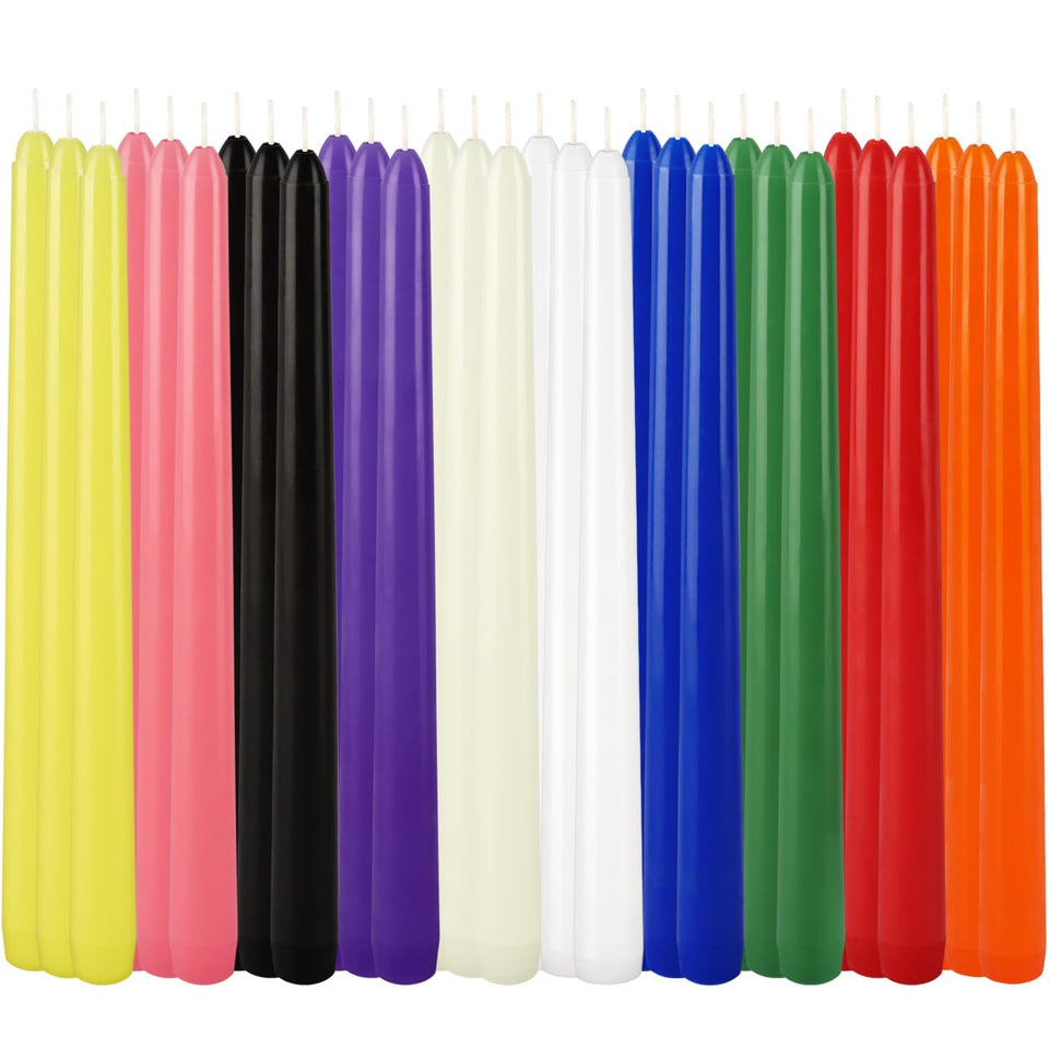 Grcdoyvl 30-pack ten-color taper candles showcase vibrant hues for weddings and home decor
