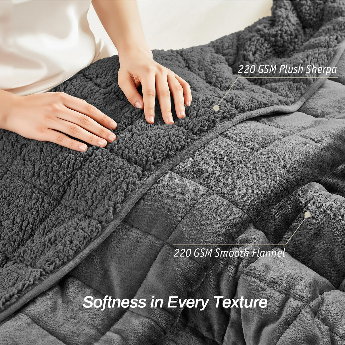 Great Daxing Sherpa fleece blanket dark grey fabric emphasizes neutral bedroom styling.