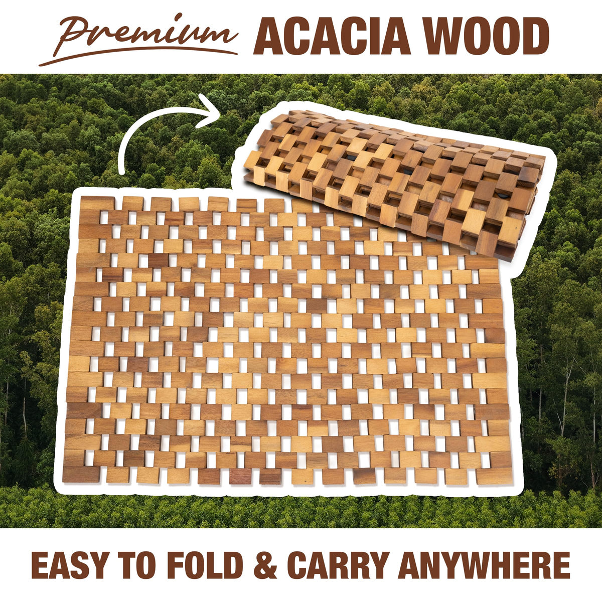 Green Alluvium Acacia Wood Bath Mat measures 20 by 32 inches for standard showers.