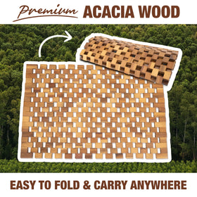 Green Alluvium Acacia Wood Bath Mat measures 20 by 32 inches for standard showers.
