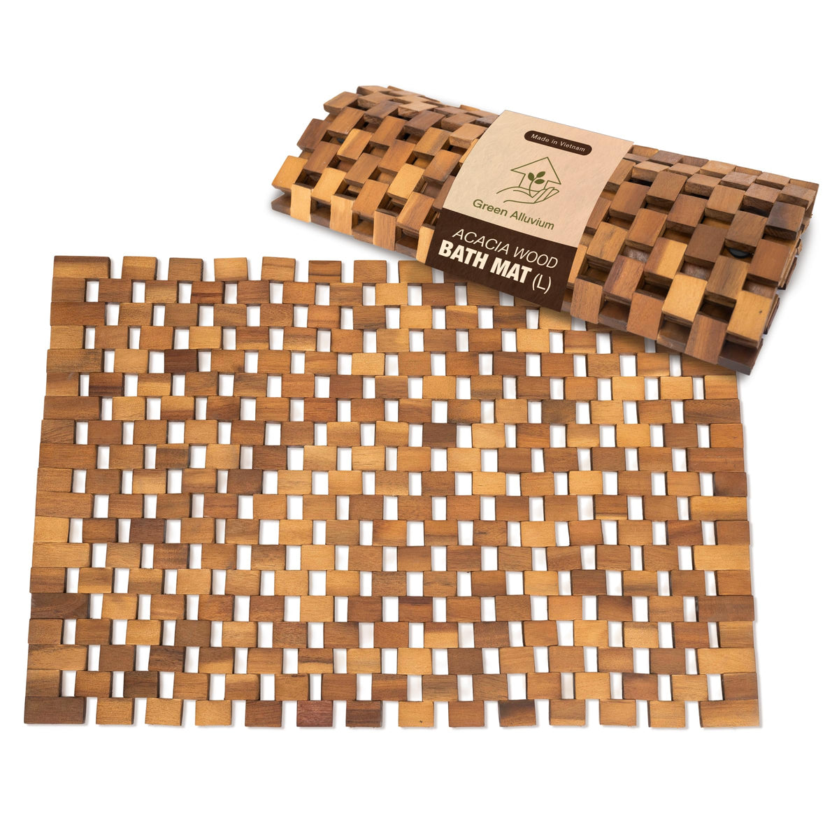 Green Alluvium Acacia Wood Bath Mat with checkerboard pattern for fast drainage and dry floors.