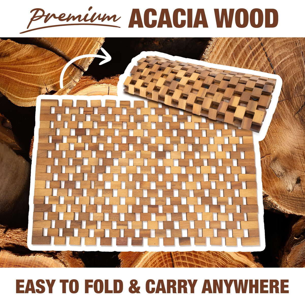 GREEN ALLUVIUM Acacia wood bath mat 16x24; rolls up flat for easy storage.