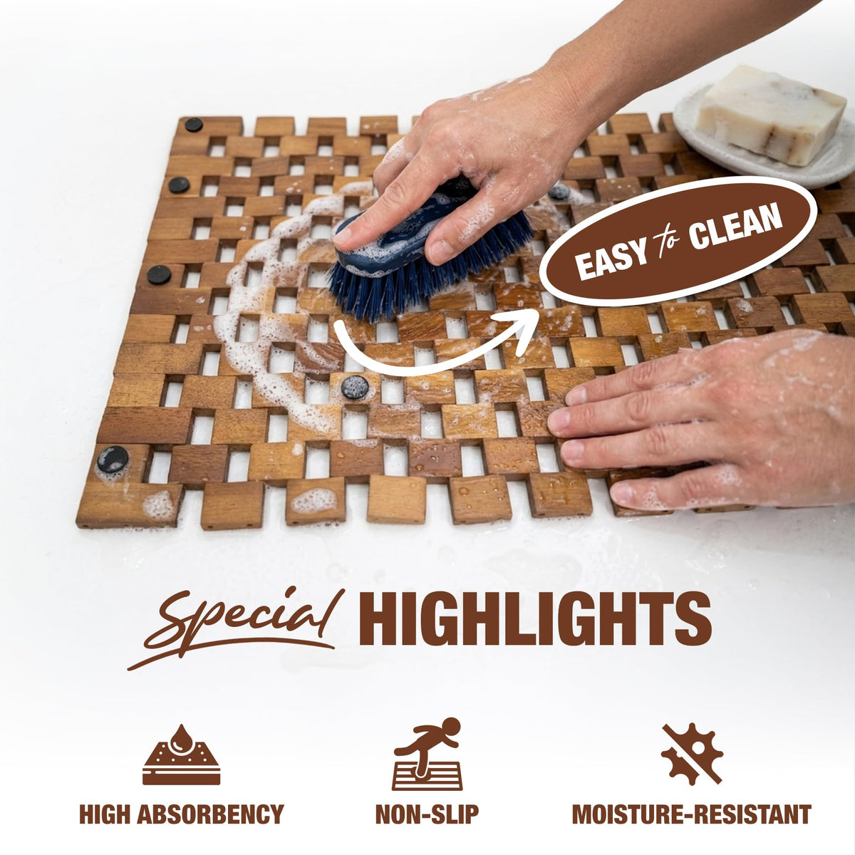 Green Alluvium Acacia Wood Bath Mat offers quick water drainage to prevent pooling.