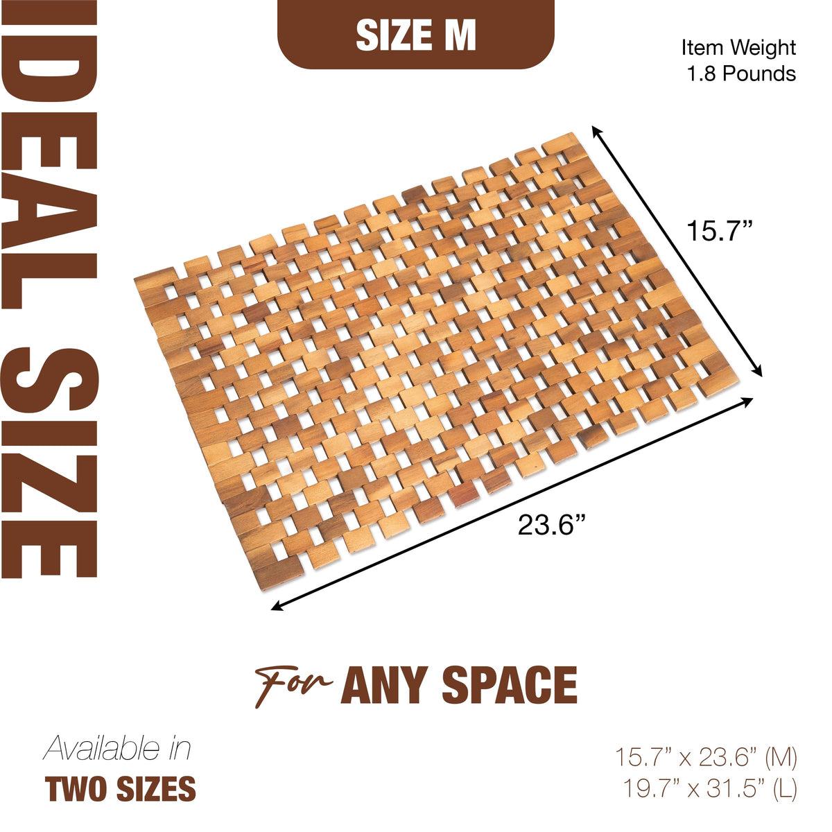 GREEN ALLUVIUM Acacia wood bath mat showing non-slip rubber feet for safe wet floors.