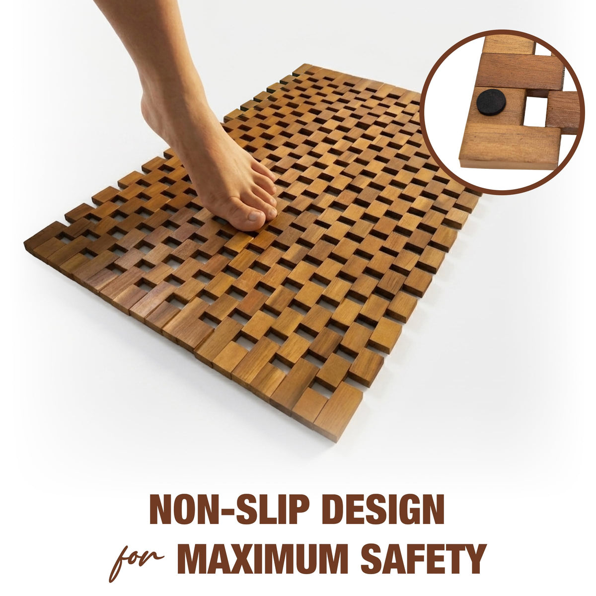 GREEN ALLUVIUM Acacia wood bath mat; easy care, wipe-clean surface fits any bathroom style.