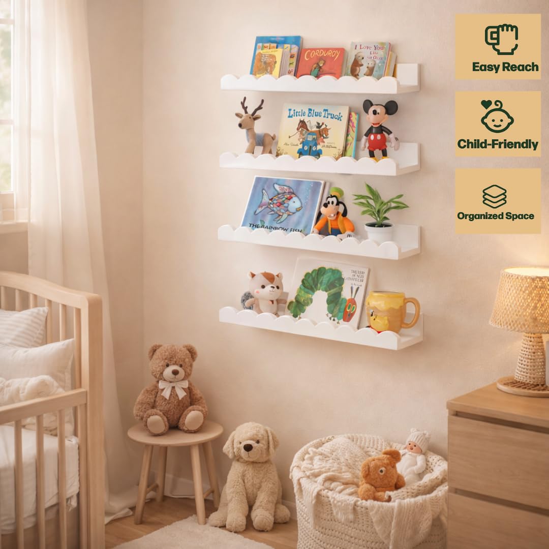 Angled view of Green Goods Supply scalloped shelves in white in nursery