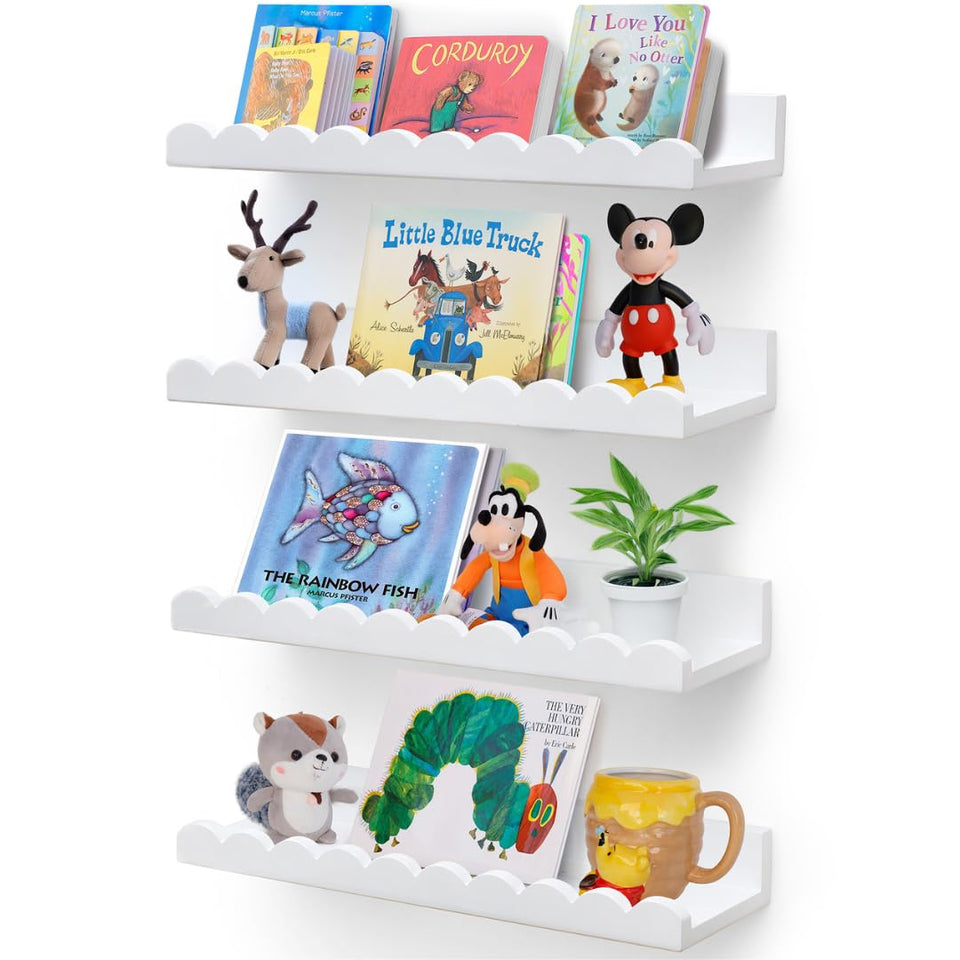 Green Goods Supply scalloped shelves in white with pre-assembled setup for quick nursery storage