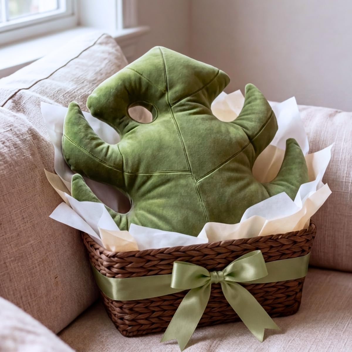 Green Philosophy Co. Monstera Leaf Pillow reading nook inspires relaxed lounging and surface comfort.