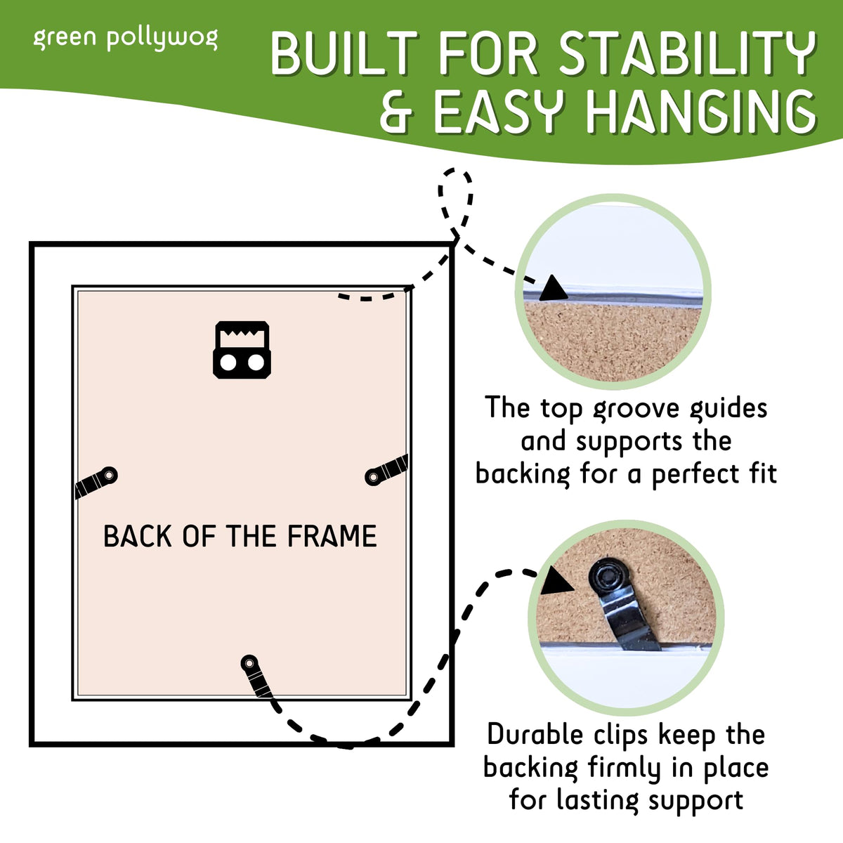 Green Pollywog hand-finished pinewood frame adds artisan charm