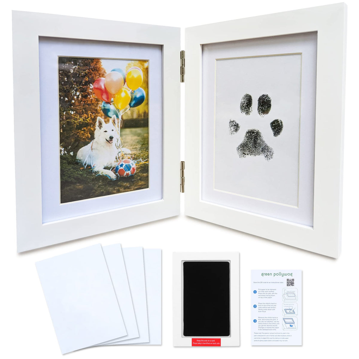 Green Pollywog paw print frame hinge view with two 4x6 openings for memories