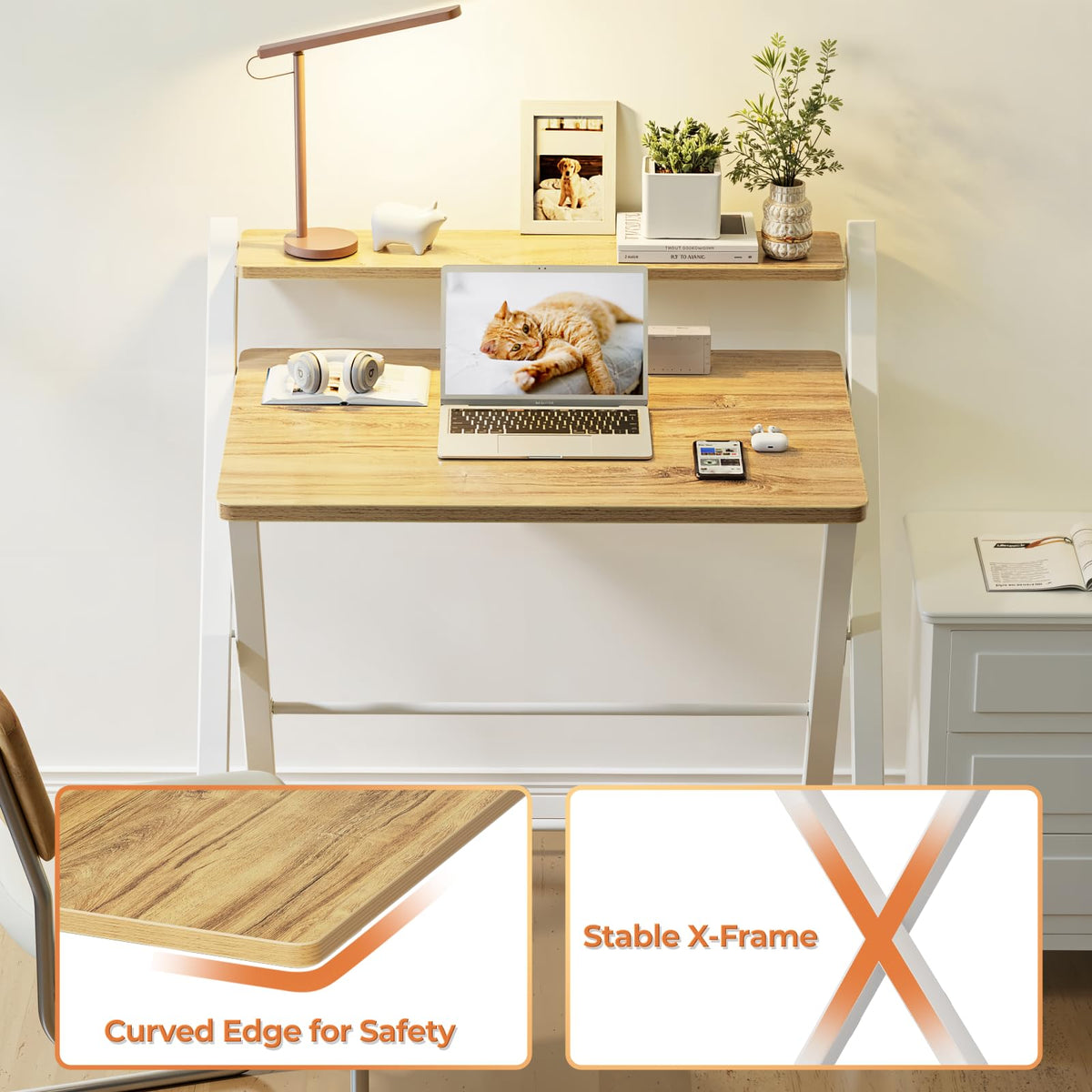 GreenForest apartment-friendly desk shown in a cozy home office corner.