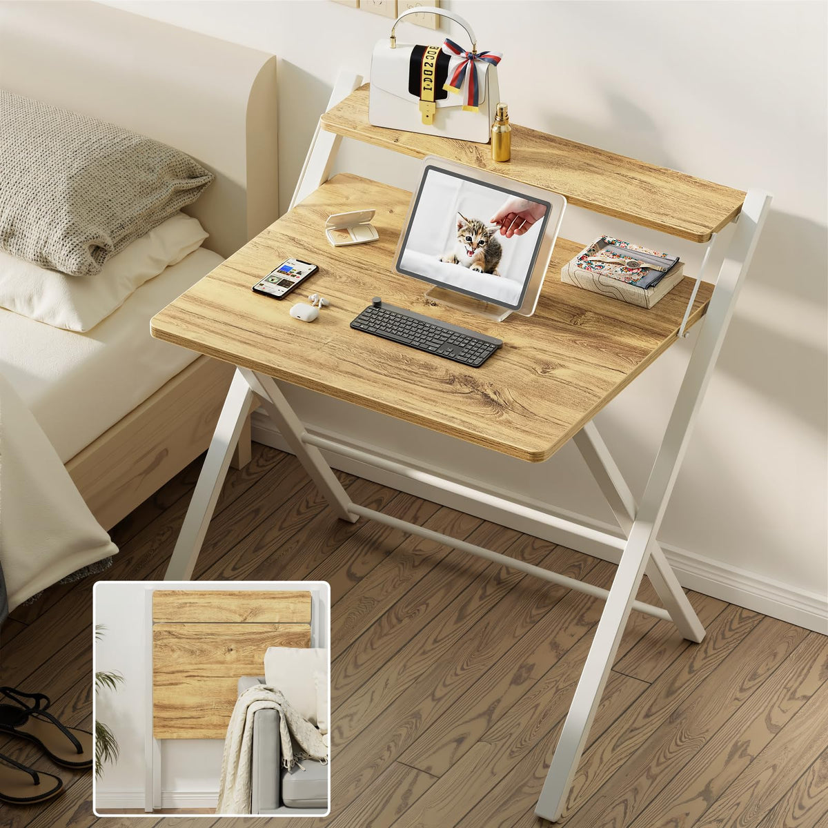 GreenForest desk with shelf storage, keeping essentials within arm's reach.