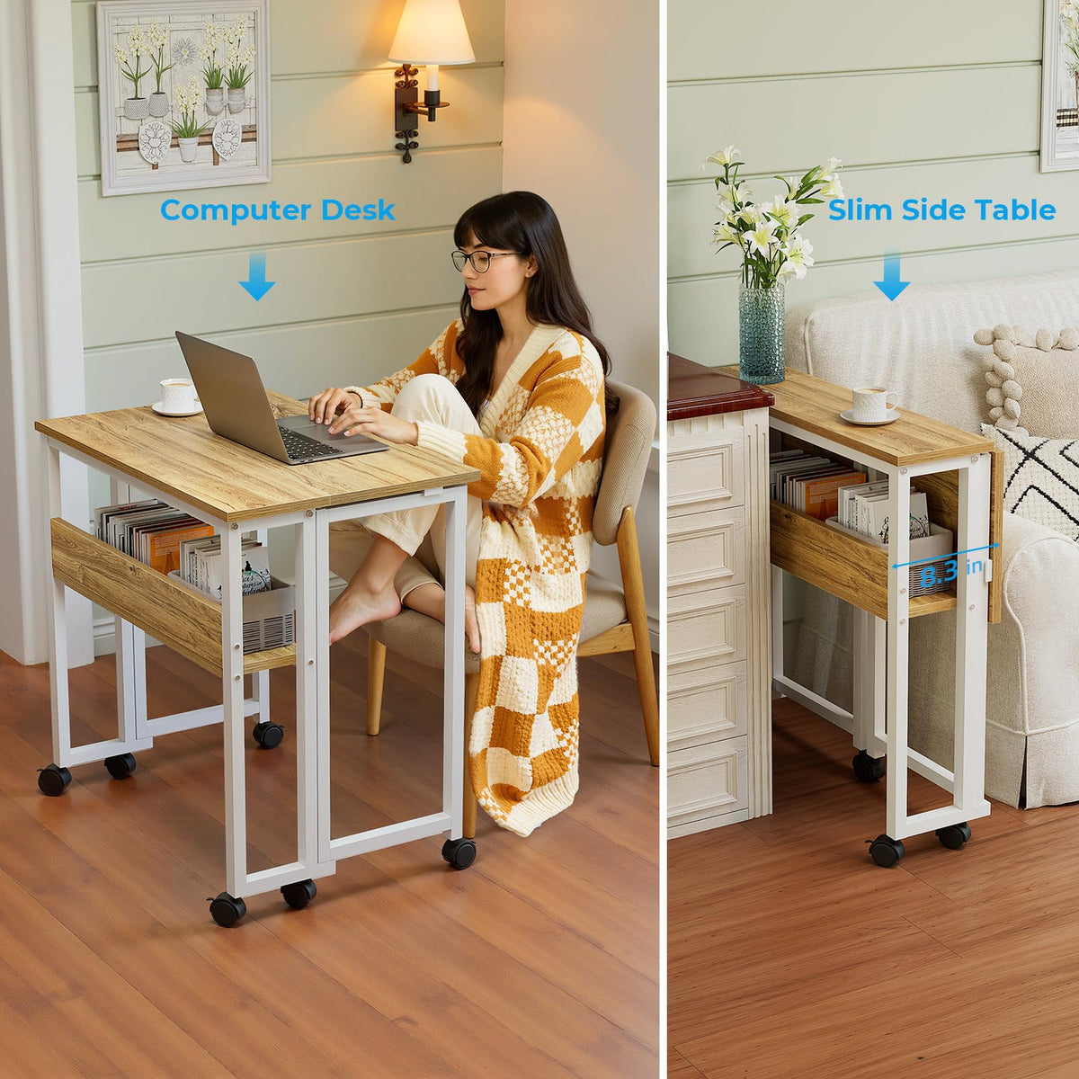 GreenForest desk by the bed for morning tasks and quick setup