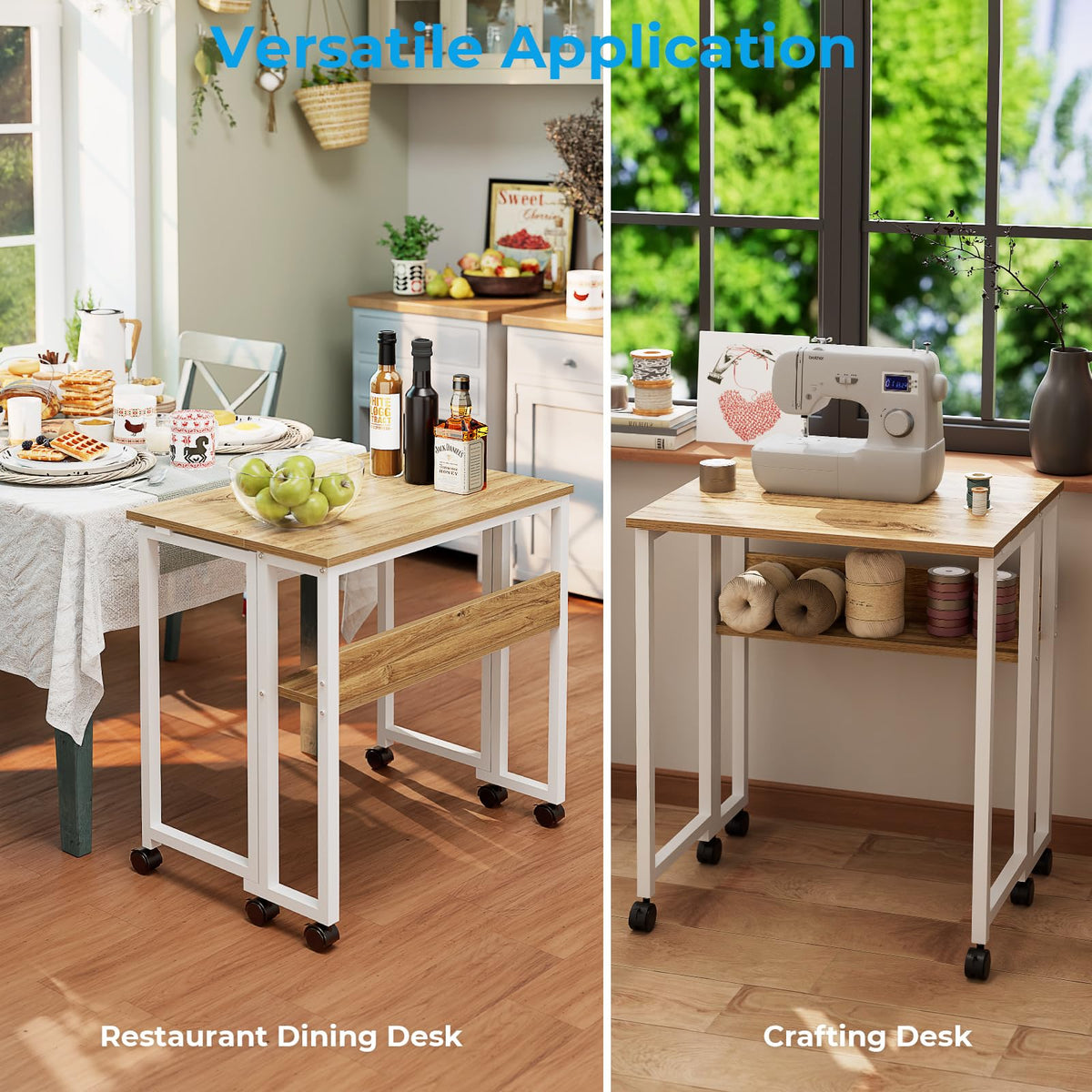 GreenForest rolling desk used in living room as portable workstation