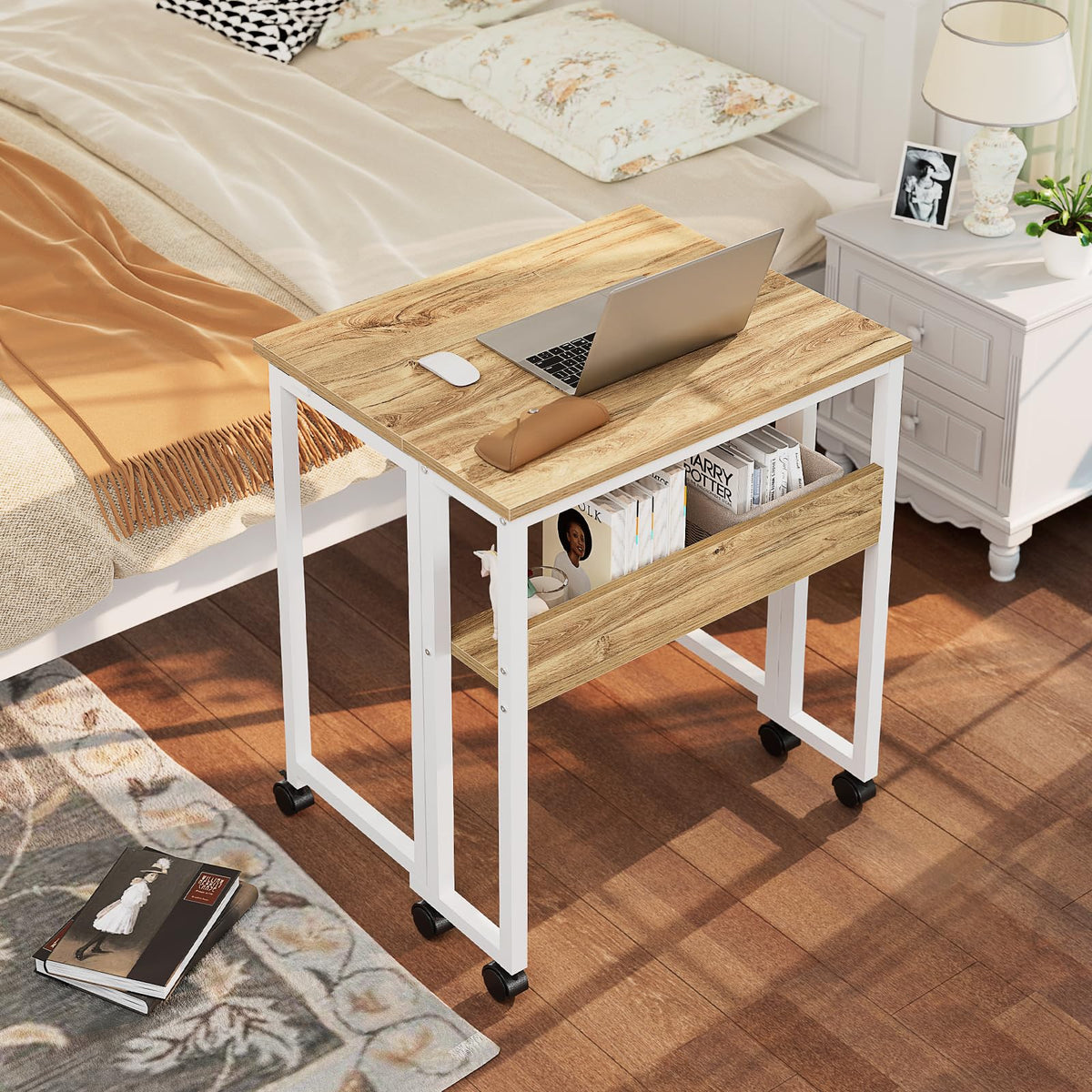 GreenForest oak finish folding desk blends with decor and saves space