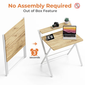 GreenForest oak finish desk extended, offering a spacious surface for laptop and papers.
