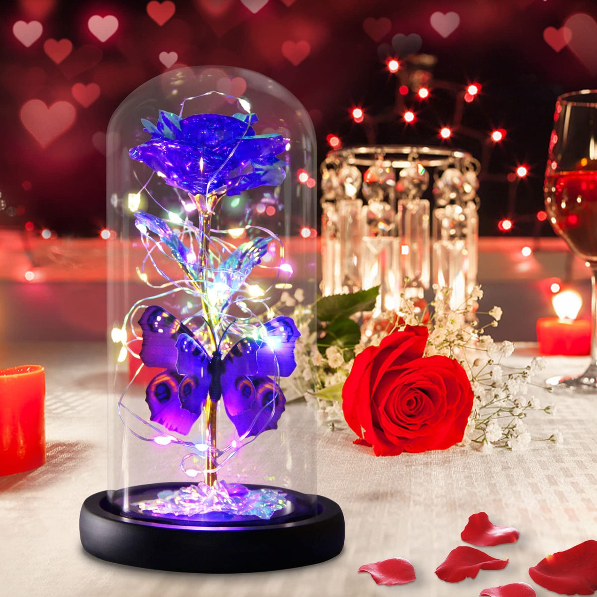 Greenke Purple Butterfly Rose inside dome, vibrant decorative display