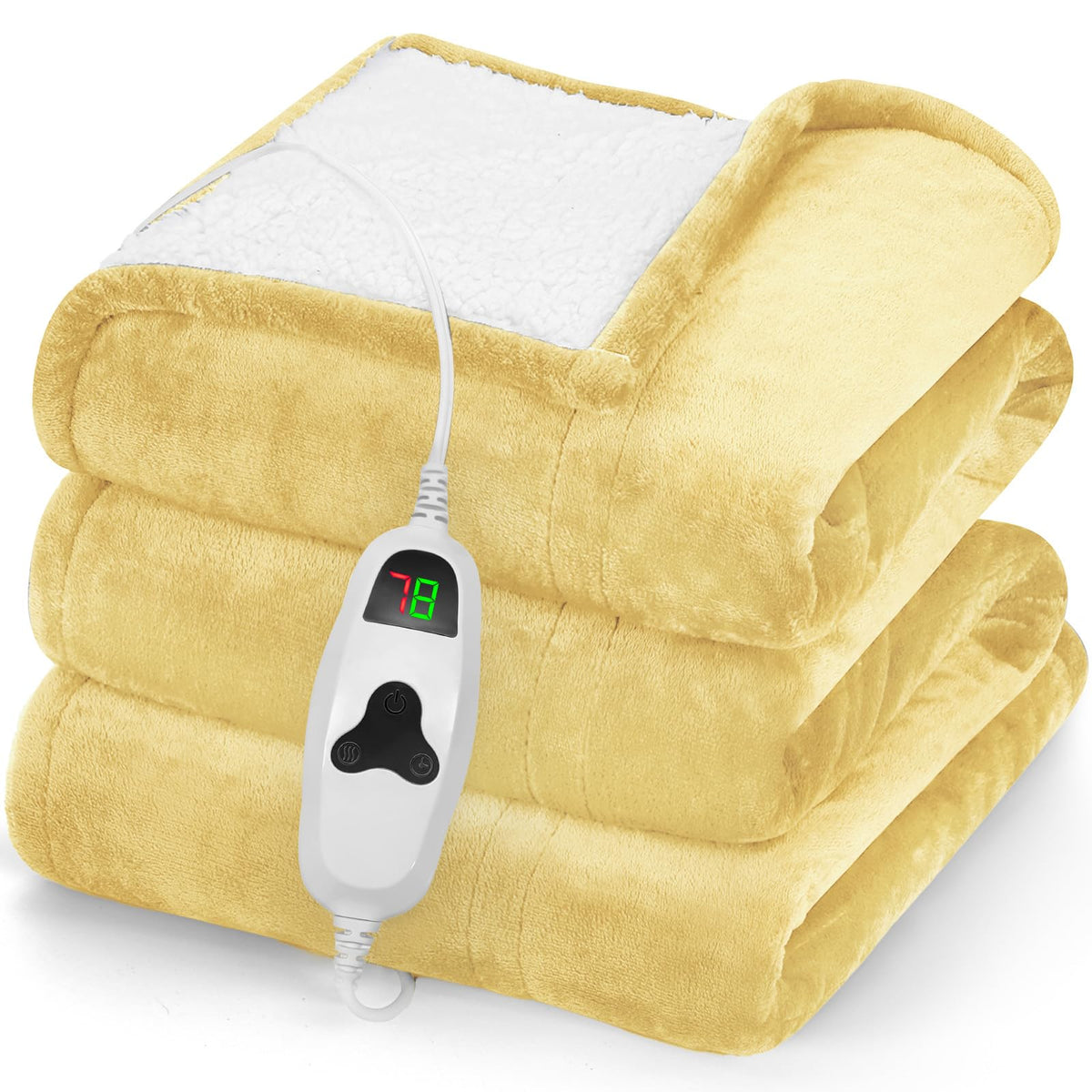 Greenoak heated blanket folded in cream yellow for cozy evenings