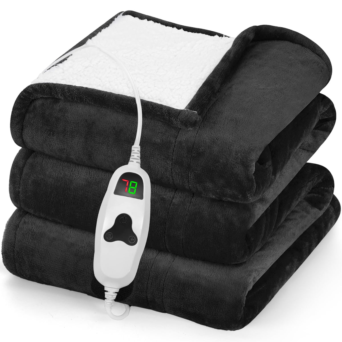 Greenoak heated blanket folded in lacquered black, ideal for easy warmth on chilly evenings.