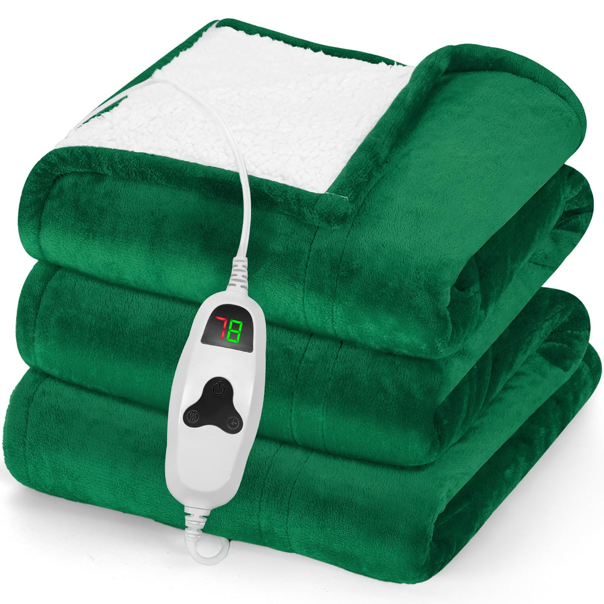 Greenoak heated blanket emerald green folded for quick warmth and easy storage