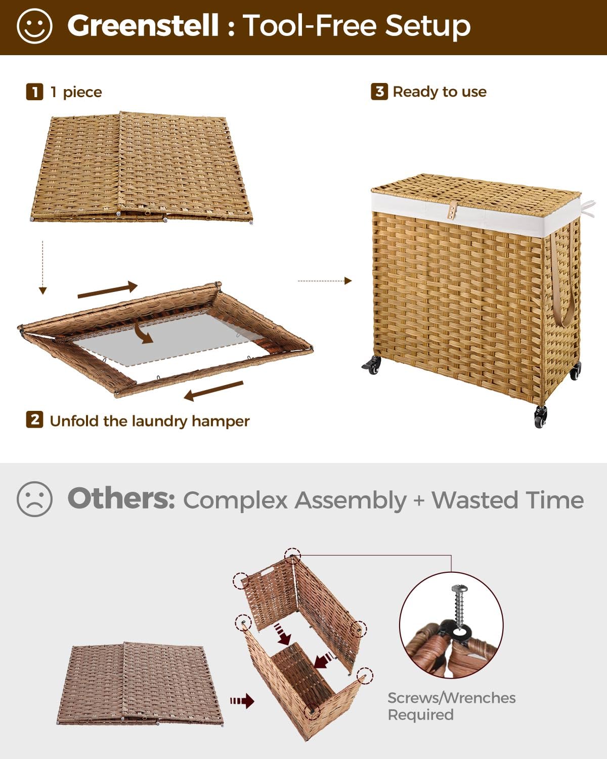 Greenstell 130L capacity helps collect and transport large amounts of laundry.
