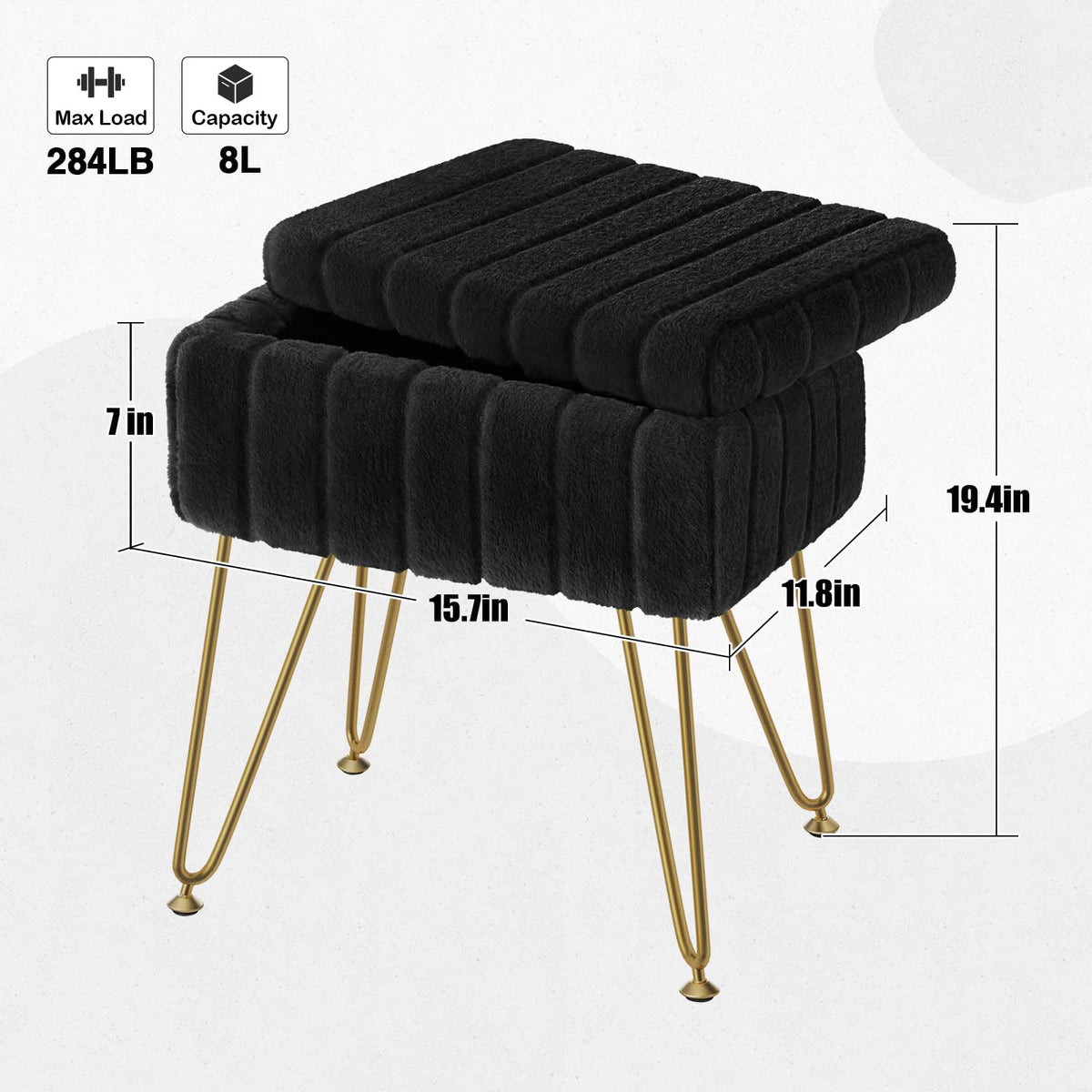 Black finish GREENSTELL vanity stool fits modern bedrooms and dressing spaces.