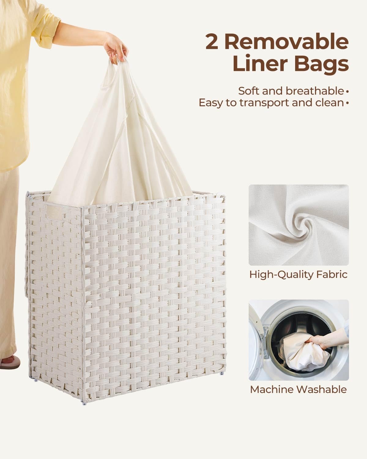 GREENSTELL hamper features divided compartments to sort laundry efficiently.