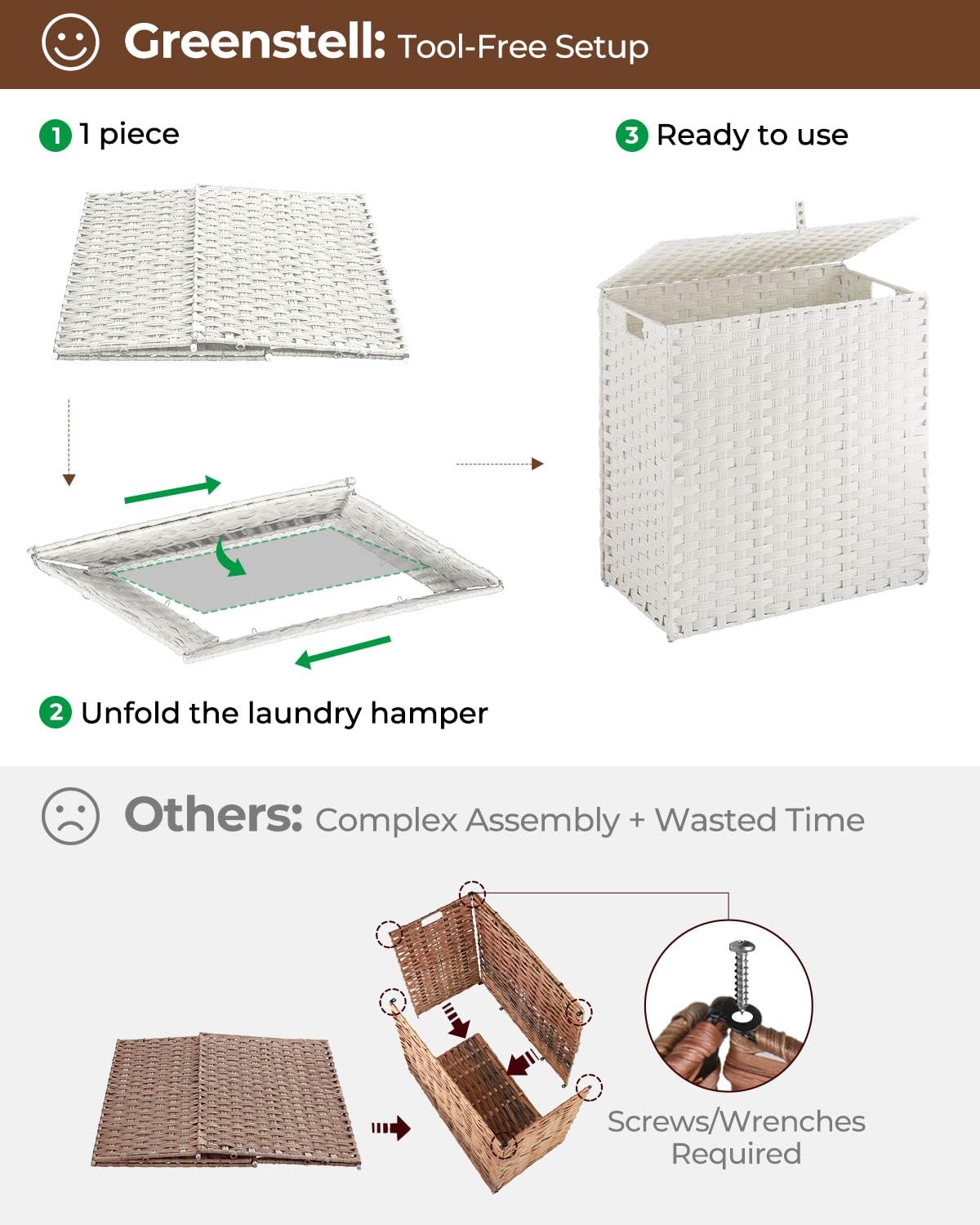 GREENSTELL foldable design saves space when the hamper is not in use.