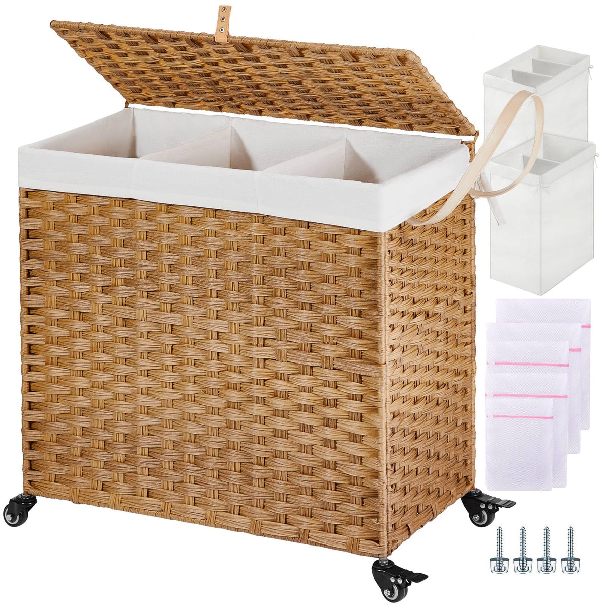 Greenstell laundry hamper with wheels and lid enables easy transport.