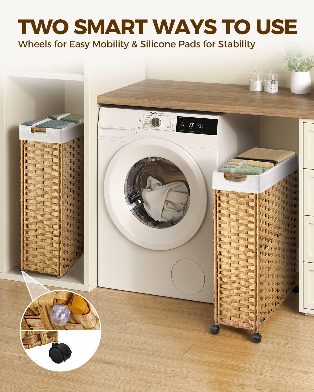 Greenstell laundry hamper with wheels, side view showing slim profile.