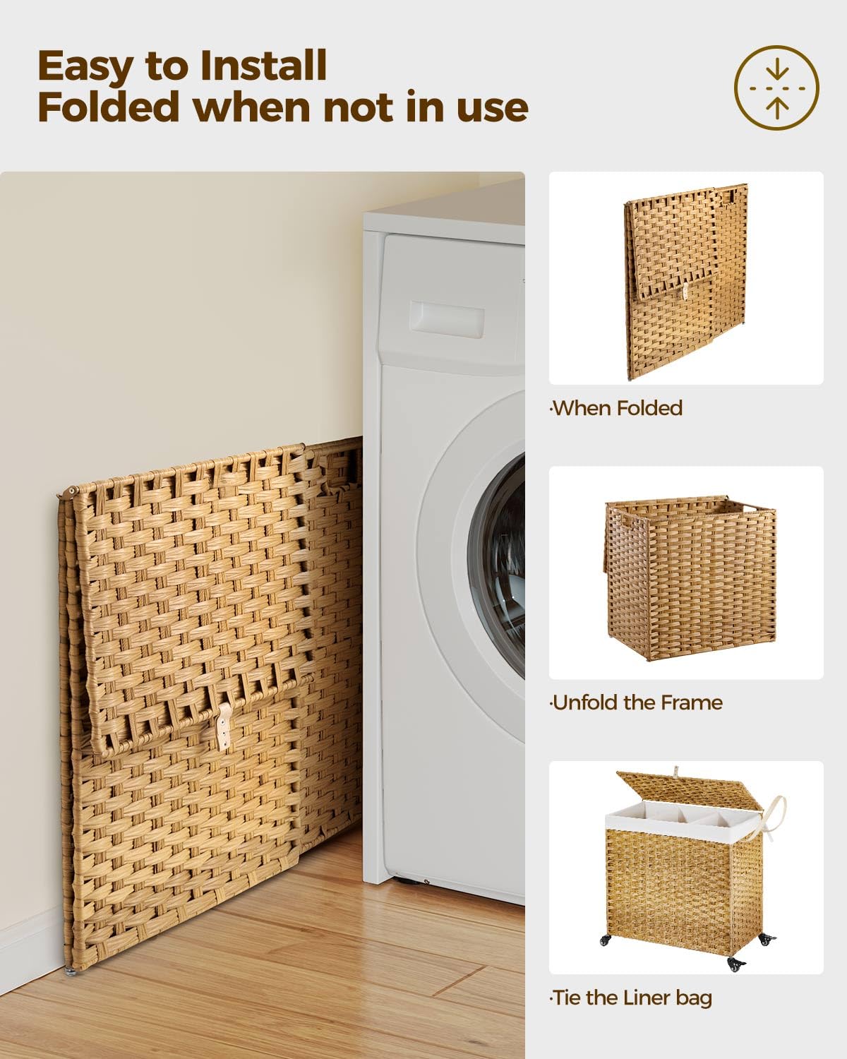 Greenstell lid conceals contents, keeping laundry out of sight.