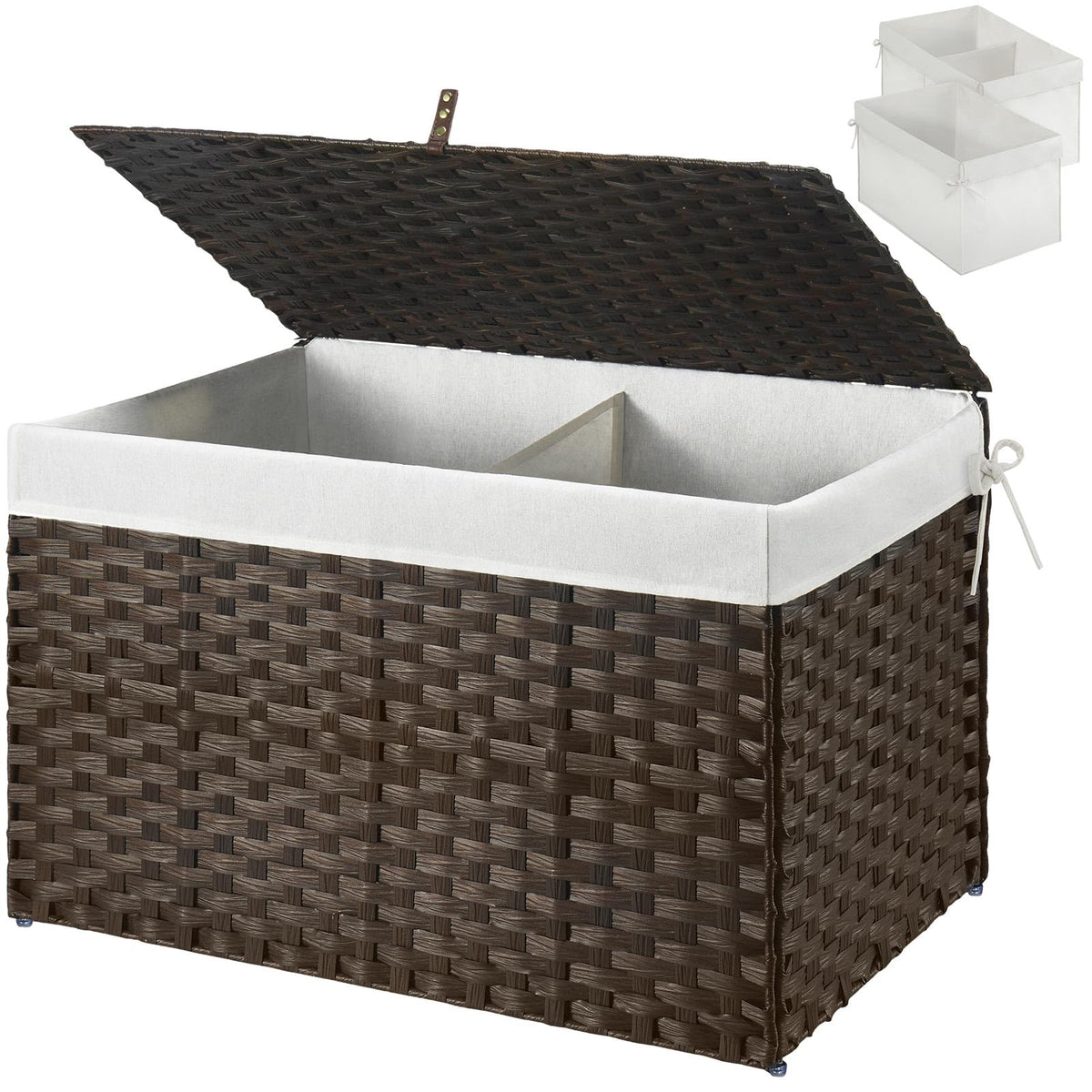 GREENSTELL storage basket with lid open reveals natural weave, ideal for blankets and bedding storage.