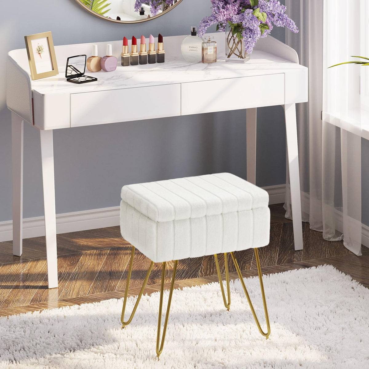 Greenstell vanity chair featuring warm white fur and hidden storage for accessories