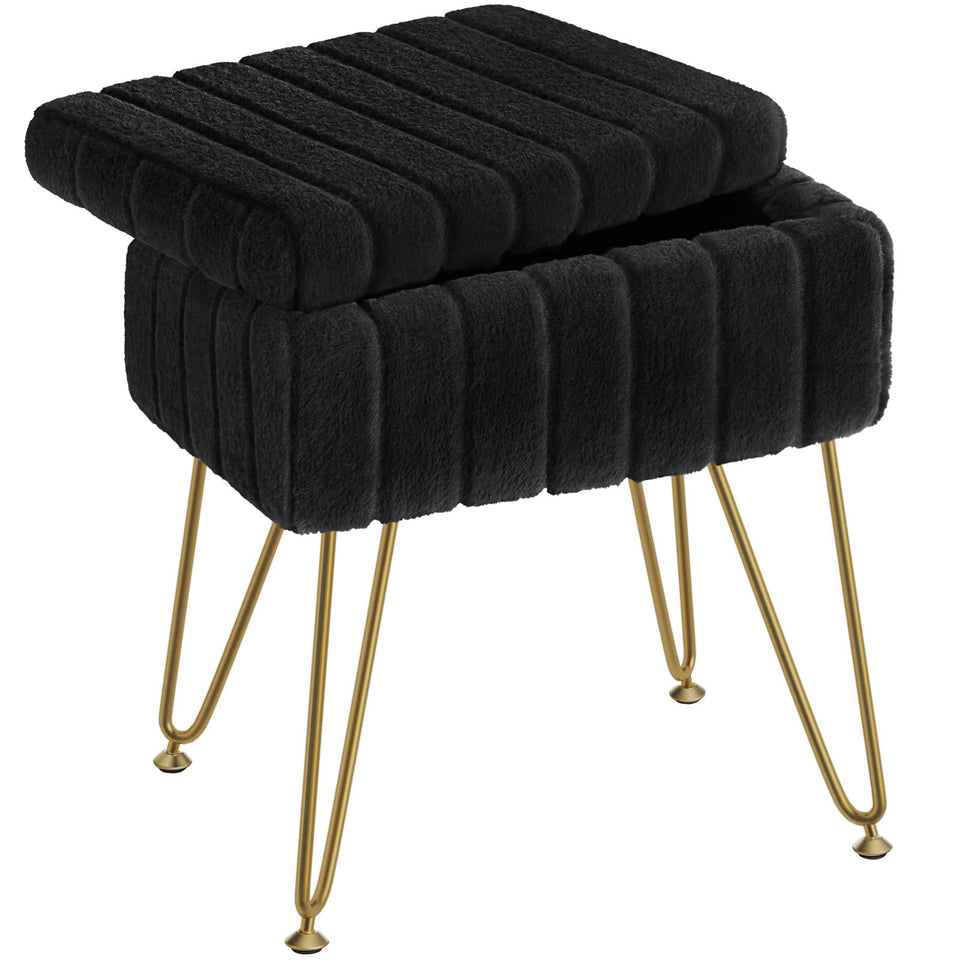 GREENSTELL vanity stool with faux fur storage for makeup and tools.
