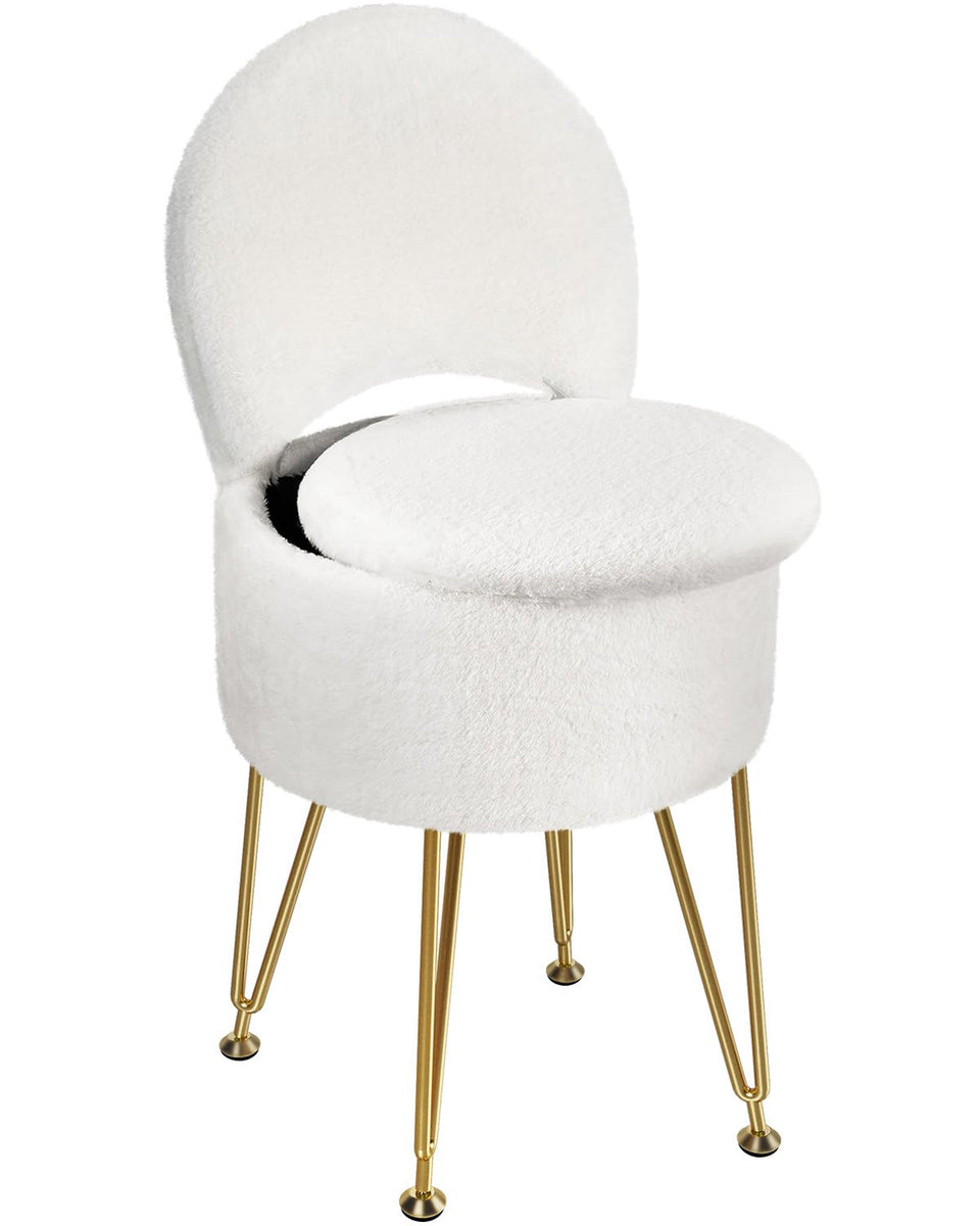 GREENSTELL vanity stool with plush faux fur white seat for grooming routines